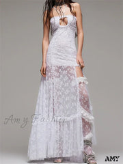 Amy Fashion - Lace Floral Halter Tie-Up Off Shoulder For Women Mesh See Through High Split Hollow
