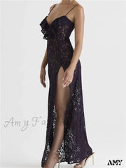 Amy Fashion - Lace Floral See Through For Women Sexy Sleeveless Strap V-Neck Ruffles Patchwork High
