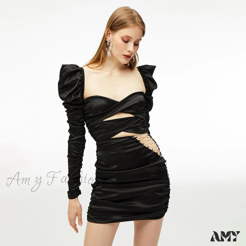 Amy Fashion - Lace Up Hollow Out Sexy Bodycon Club Party Dresses Black / S
