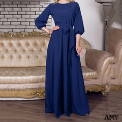 Amy Fashion - Lantern Sleeve Solid Belt Long Christmas Dress