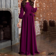 Amy Fashion - Lantern Sleeve Solid Belt Long Christmas Dress