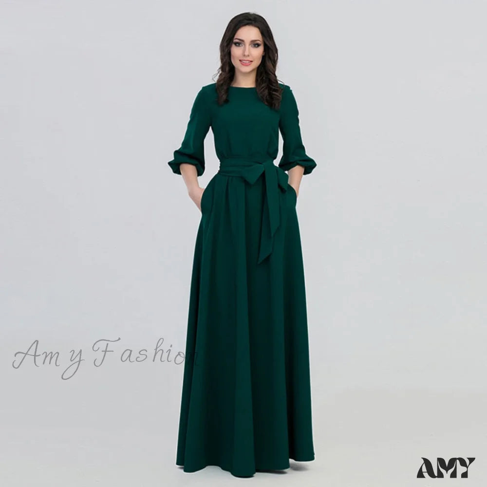 Amy Fashion - Lantern Sleeve Solid Belt Long Christmas Dress Green / S