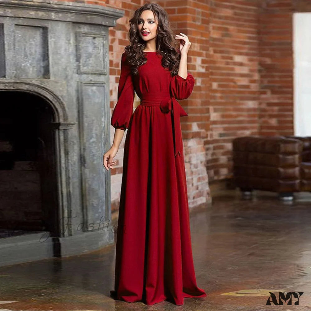 Amy Fashion - Lantern Sleeve Solid Belt Long Christmas Dress Wine / S