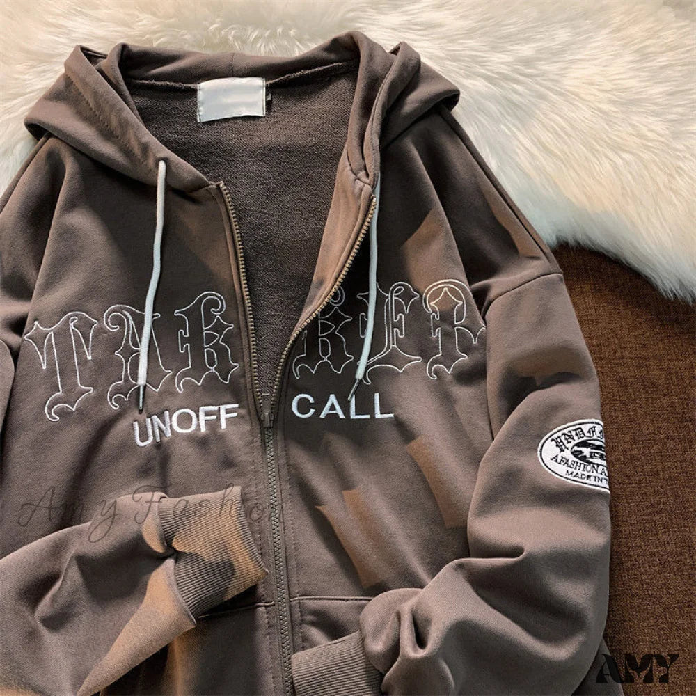 Amy Fashion - Letter Print Vintage Zip Up Oversize Jacket