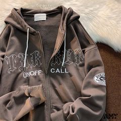 Amy Fashion - Letter Print Vintage Zip Up Oversize Jacket