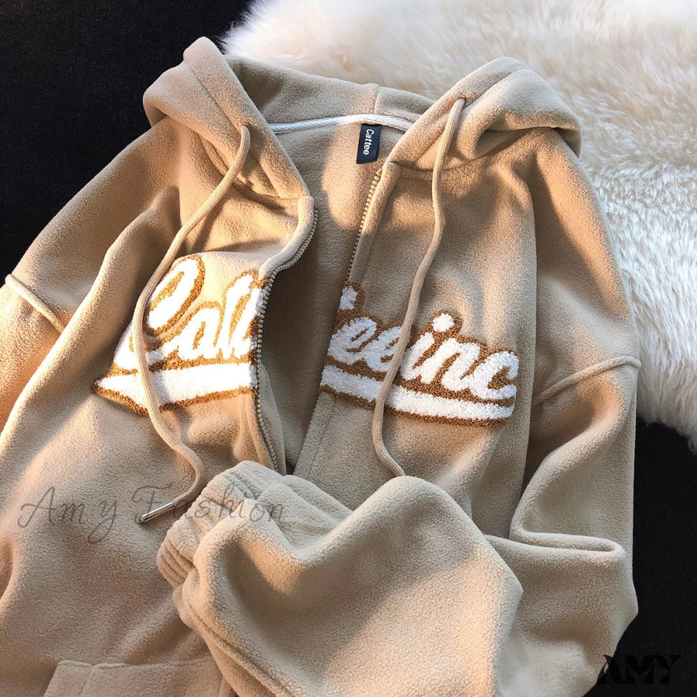 Amy Fashion - Letter Print Vintage Zip Up Oversize Jacket Camel / S