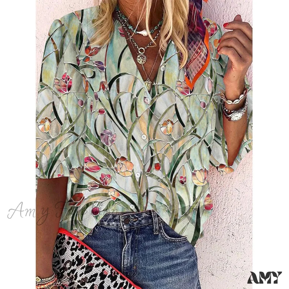 Amy Fashion - Loose Colorful Print Large Size Blouses