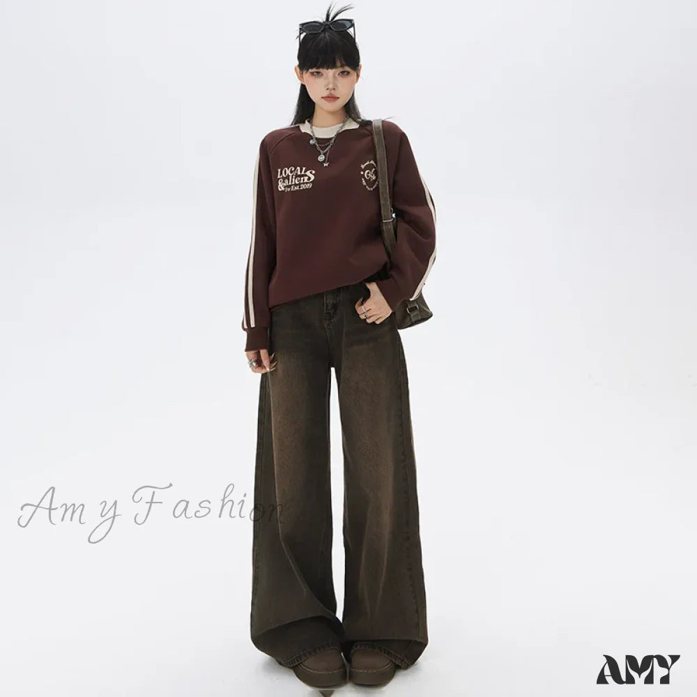 Amy Fashion - Loose Vintage Korean For Women High Waist Streetwear Casual Denim Femme Y2K Wide Leg