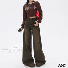 Amy Fashion - Loose Vintage Korean For Women High Waist Streetwear Casual Denim Femme Y2K Wide Leg