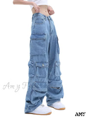 Amy Fashion - Multi-Pocket Washed Cargo New Heavy Industry Y2K Vintage Streetwear Loose Oversized