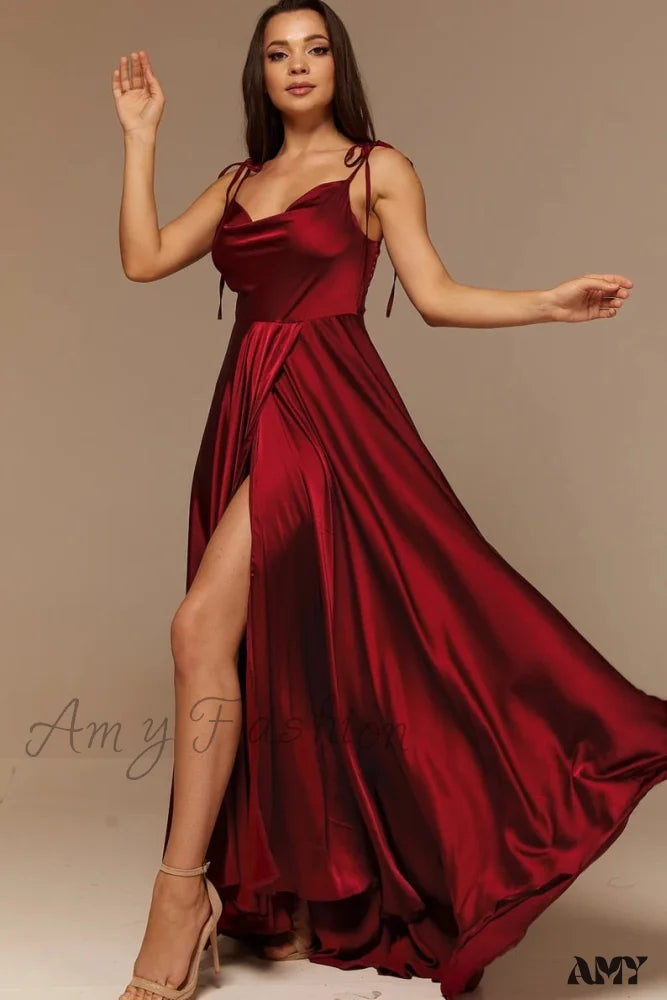 Amy Fashion - Open Back Sexy Side Slit Spaghetti Strap Evening Party Dress