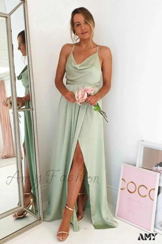 Amy Fashion - Open Back Sexy Side Slit Spaghetti Strap Evening Party Dress