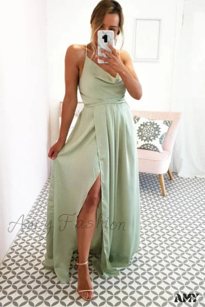 Amy Fashion - Open Back Sexy Side Slit Spaghetti Strap Evening Party Dress