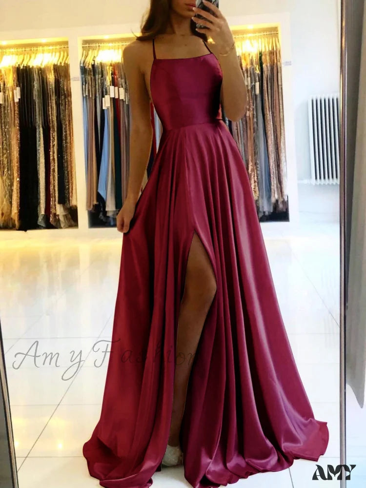Amy Fashion - Open Back Sexy Side Slit Spaghetti Strap Evening Party Dress Burgundy2 / 2