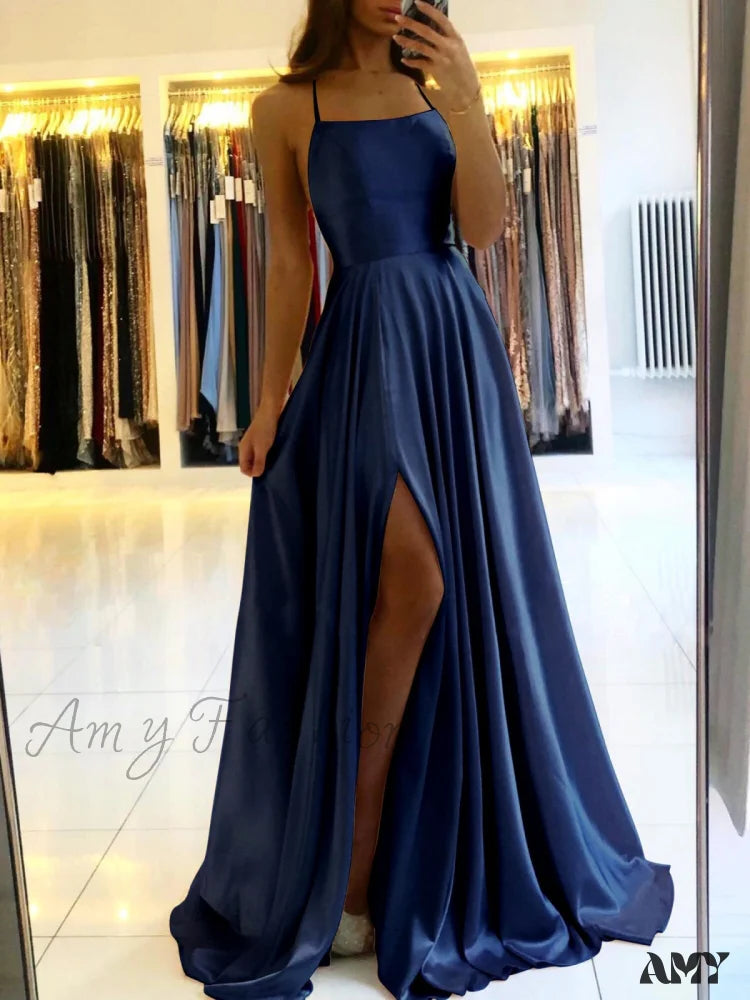 Amy Fashion - Open Back Sexy Side Slit Spaghetti Strap Evening Party Dress Navy Blue1 / 2