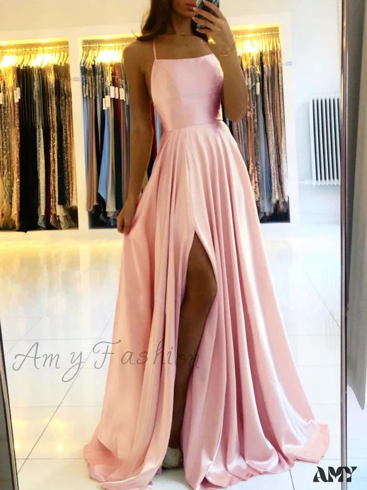 Amy Fashion - Open Back Sexy Side Slit Spaghetti Strap Evening Party Dress Pink / 2