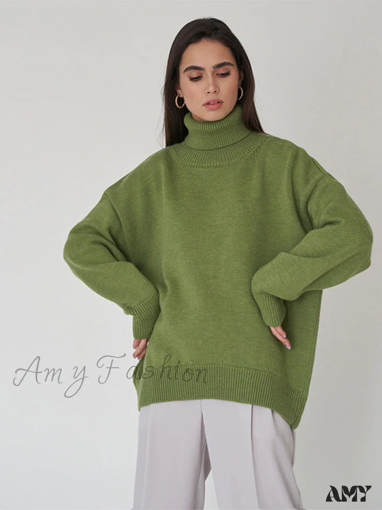 Amy Fashion - Oversized Casual Turtleneck Solid Color Pollover Sweater Light Green / One Size