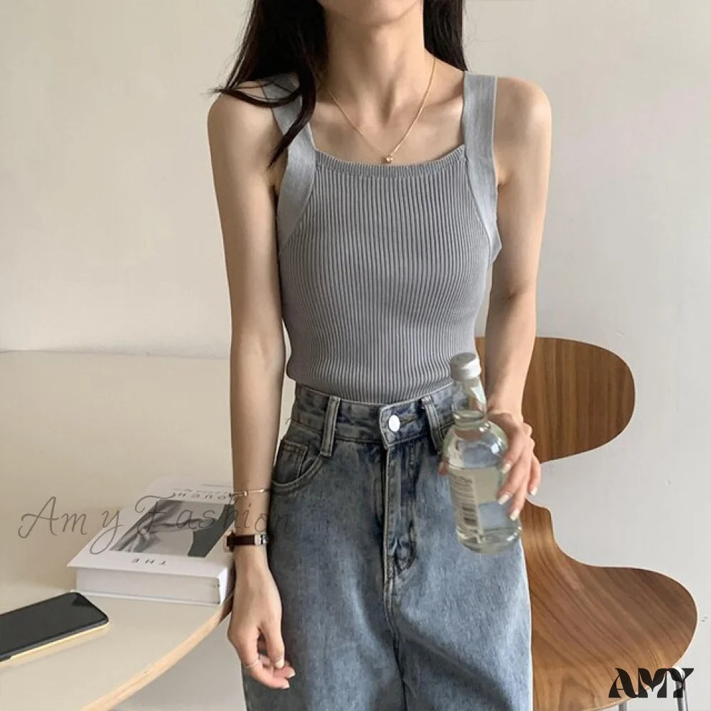Amy Fashion - Plain Knitted Tank Tops Grey / One Size