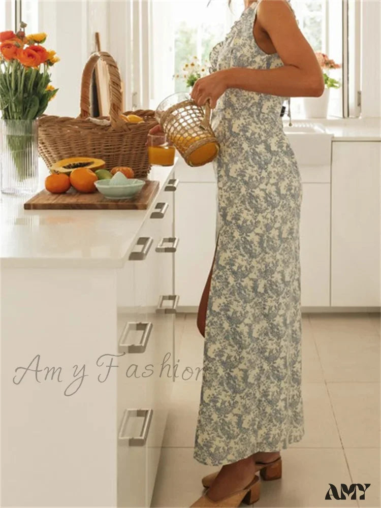 Amy Fashion - Retro Women Floral Print Sleeveless V Neck Front Lace-Up High Split Spring Summer