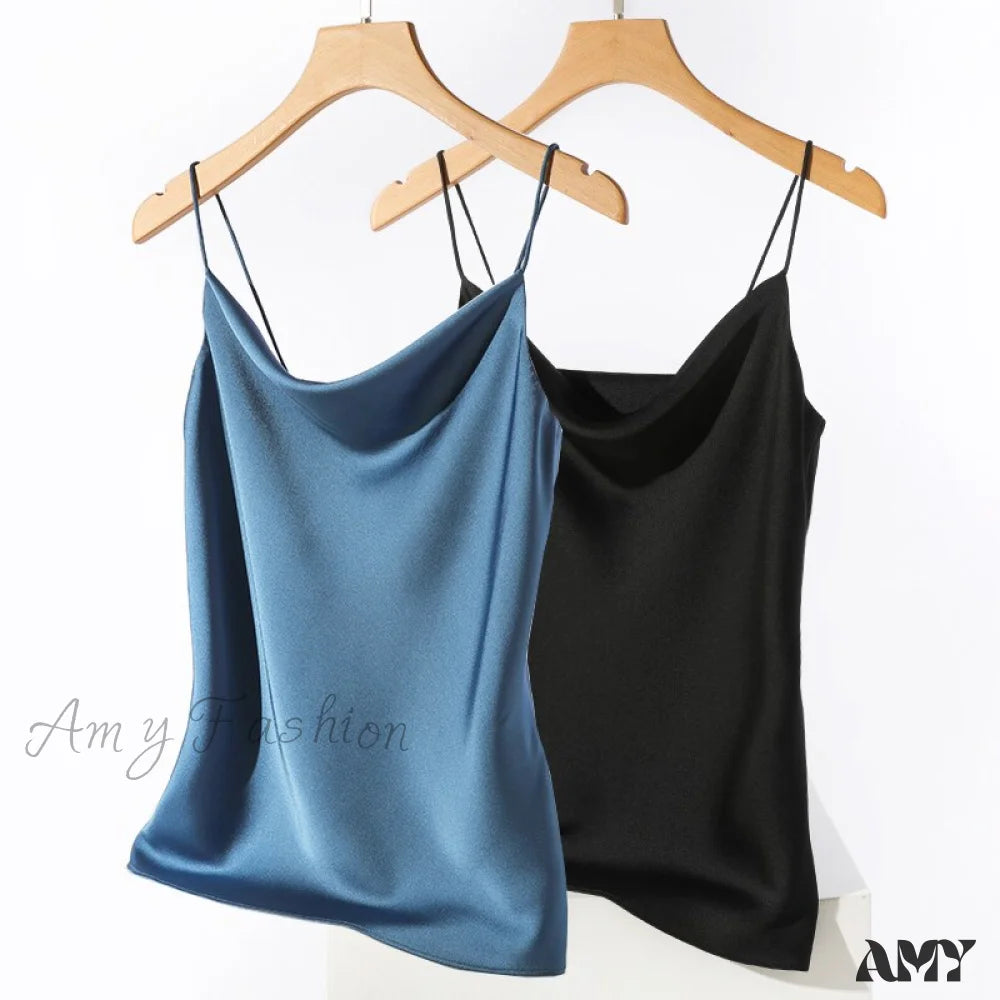 Amy Fashion - Satin Thin Wild Solid Camis Blue Black 2 Pcs / S