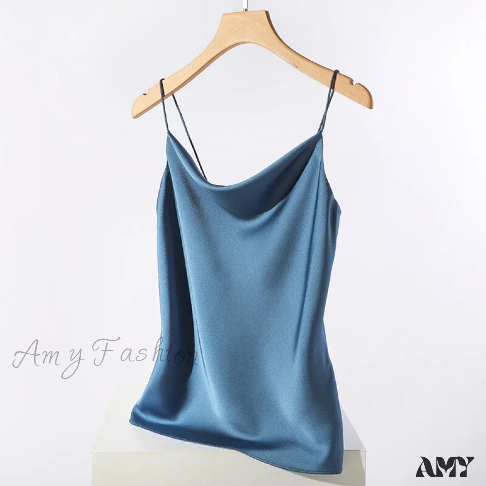 Amy Fashion - Satin Thin Wild Solid Camis Blue / S