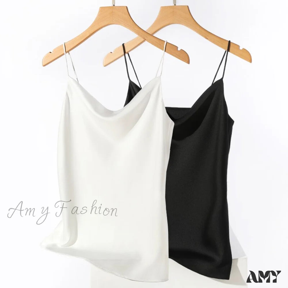 Amy Fashion - Satin Thin Wild Solid Camis White Black 2 Pcs / S