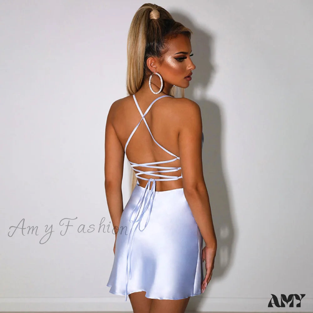 Amy Fashion - Satin V-Neck Spaghetti Strap Mini Party Dresses
