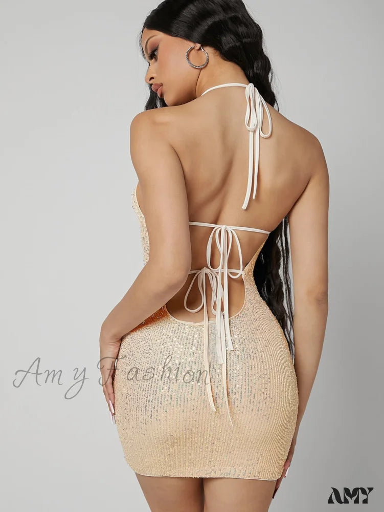 Amy Fashion - Sequins Surface V-Neck Sleeveless Halter Straps Dress