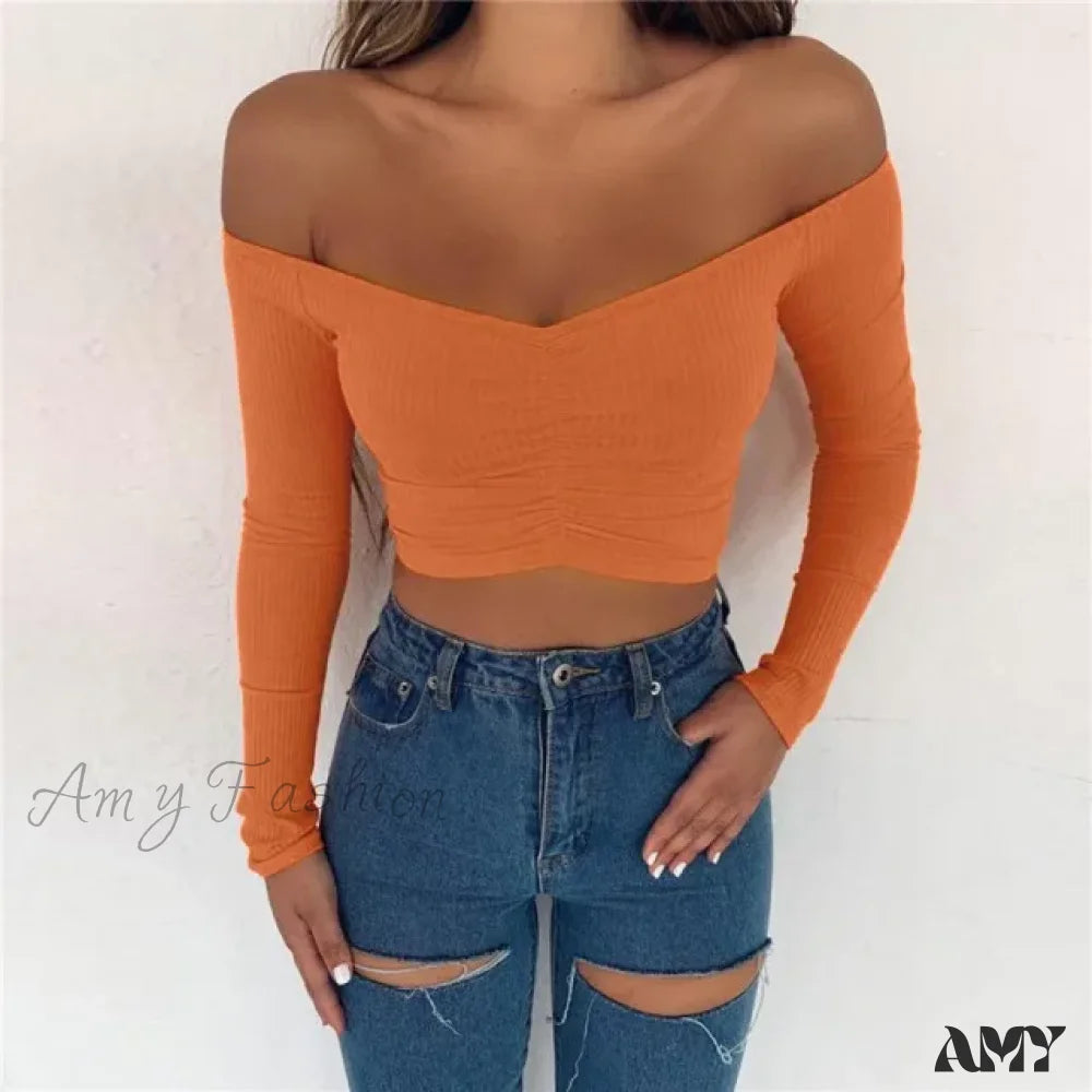 Amy Fashion - Sexy Club Fashion Off Shoulder Solid Color Autumn Crop Top Orange / S