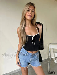 Amy Fashion - Sexy Y2K Spaghetti Strap Knitted Bow Patchwork Camis Crop Top