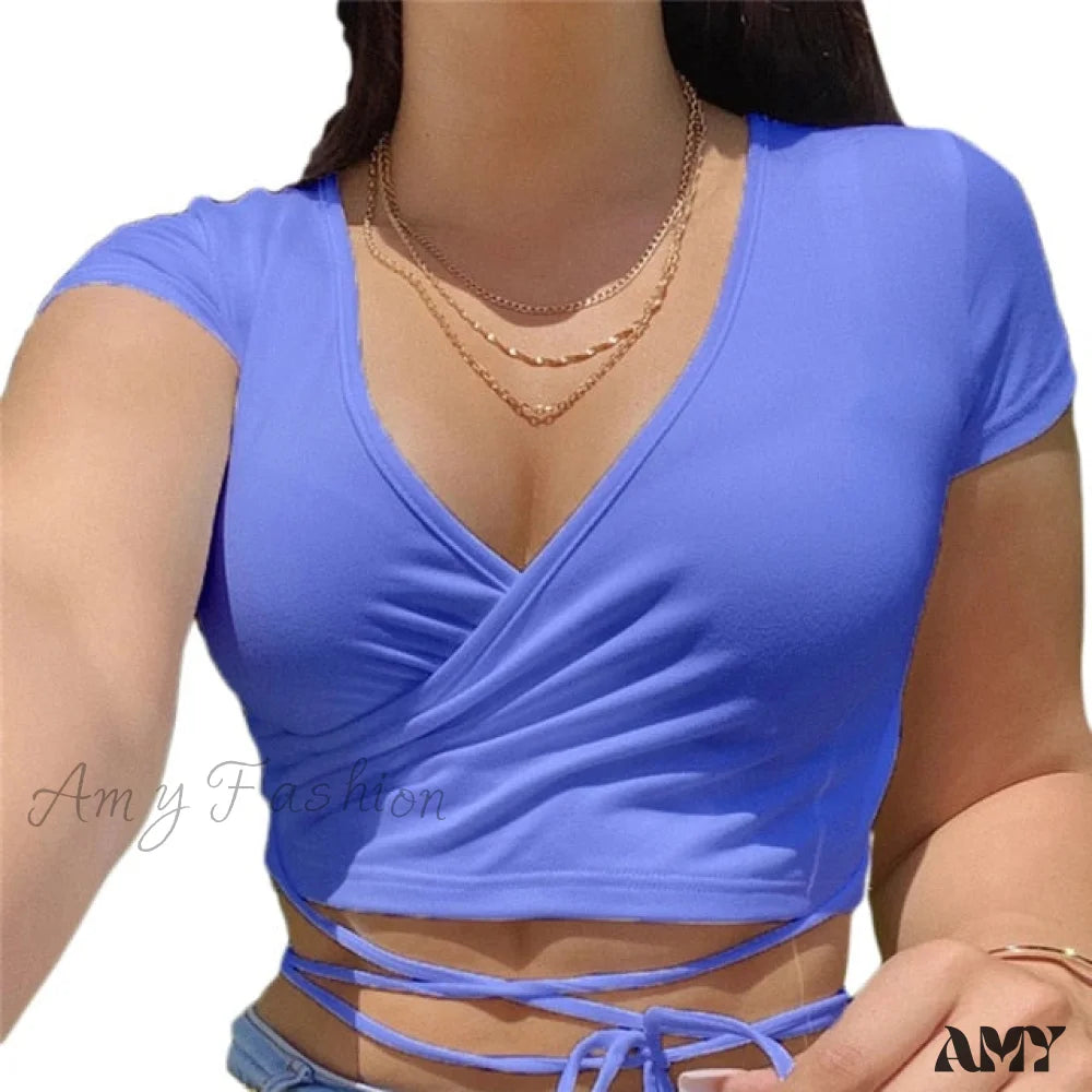 Amy Fashion - Short Sleeve Crop Tops Blue / S