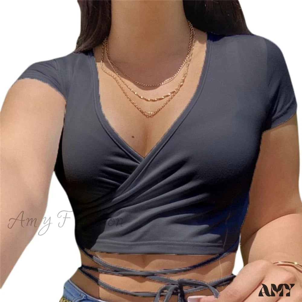 Amy Fashion - Short Sleeve Crop Tops Dark Gray / S