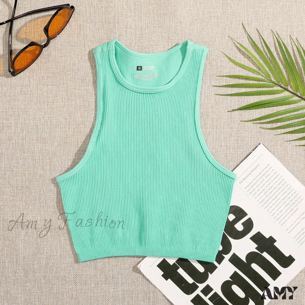 Amy Fashion - Solid Basic Seamless Streetwear Tank Tops Light Green / S