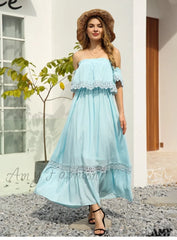 Amy Fashion - Solid Patchwark Ladies Sweet Loose Maxi Dress Blue / L