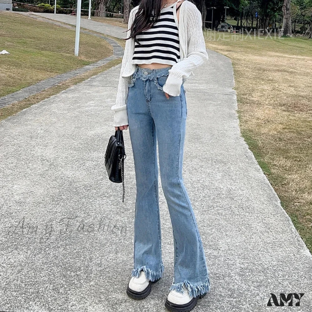 Amy Fashion - Spring And Autumn New Vintage Blue Tassel Elastic Horseshoe Rugged Edge Jean