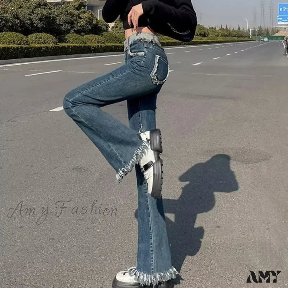 Amy Fashion - Spring And Autumn New Vintage Blue Tassel Elastic Horseshoe Rugged Edge Jean