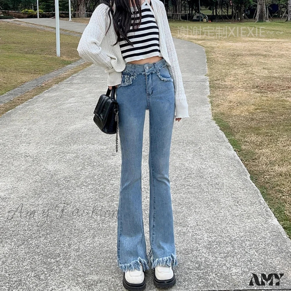 Amy Fashion - Spring And Autumn New Vintage Blue Tassel Elastic Horseshoe Rugged Edge Jean Light /