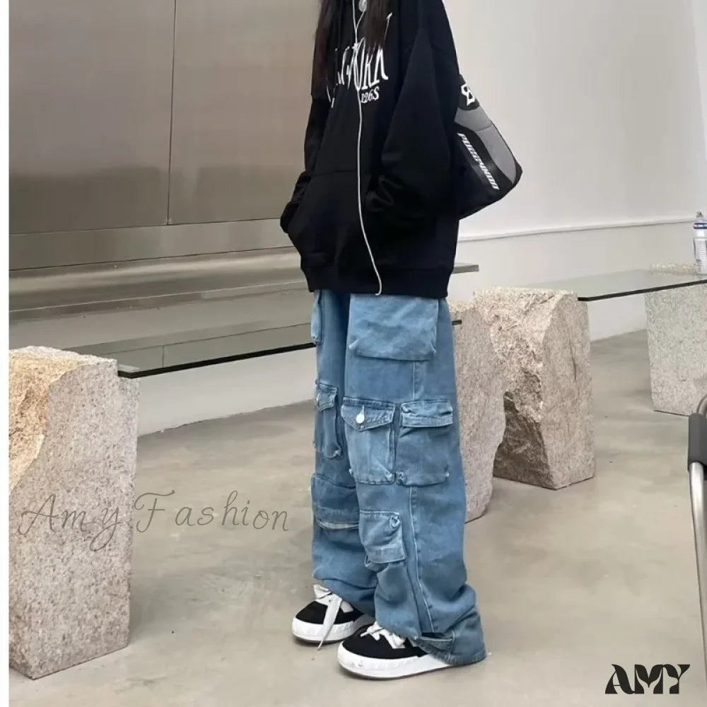 Amy Fashion - Streetwear Loose Oversized Straight-Leg Multi-Pocket Washed Cargo New Heavy Industry