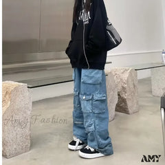 Amy Fashion - Streetwear Loose Oversized Straight-Leg Multi-Pocket Washed Cargo New Heavy Industry