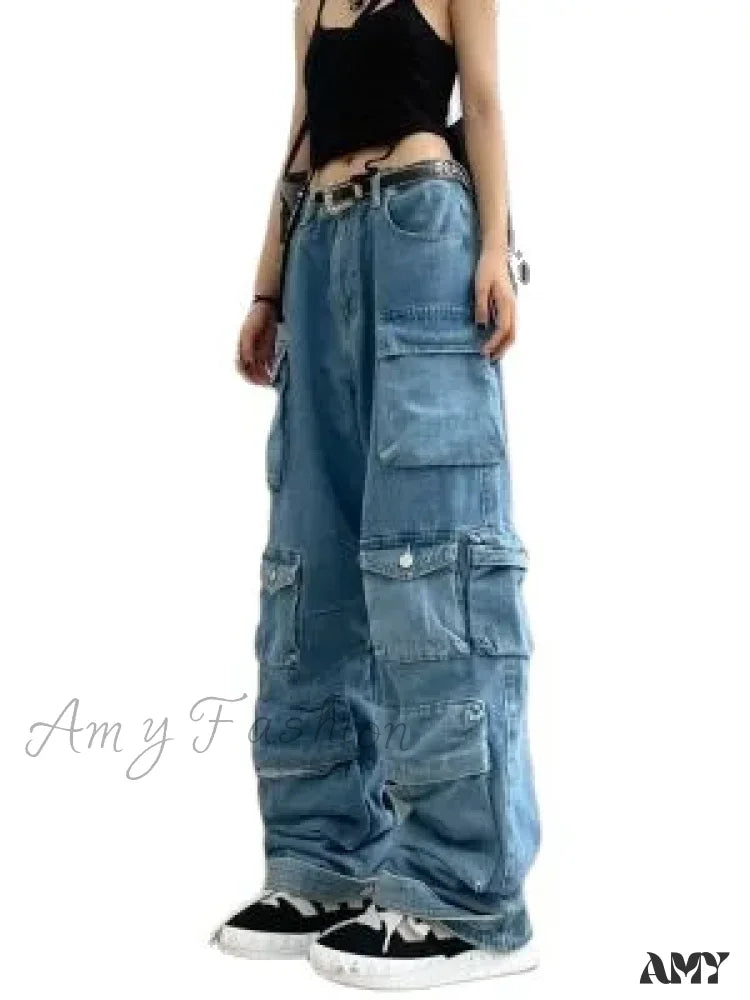 Amy Fashion - Streetwear Loose Oversized Straight-Leg Multi-Pocket Washed Cargo New Heavy Industry