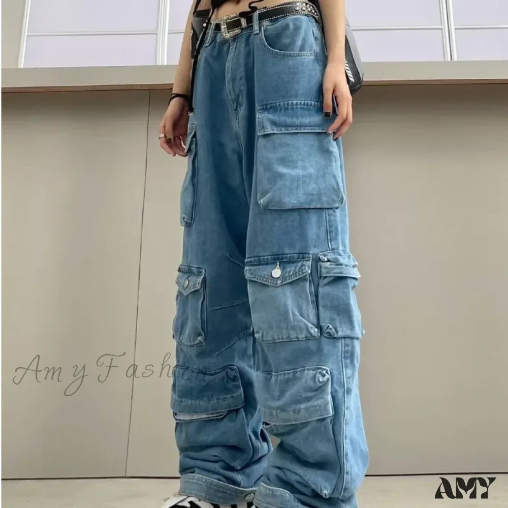 Amy Fashion - Streetwear Loose Oversized Straight-Leg Multi-Pocket Washed Cargo New Heavy Industry
