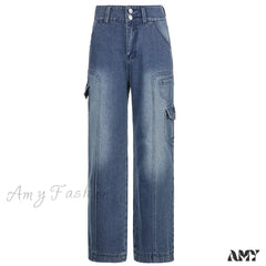 Amy Fashion - Streetwear Women Denim Trouser Loose Cargo Korean Autumn Winter Pockets Patchwork