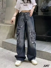 Amy Fashion - Summer Vintage Washed And Worn Out Versatile Straight Drop High Waist Wide Leg