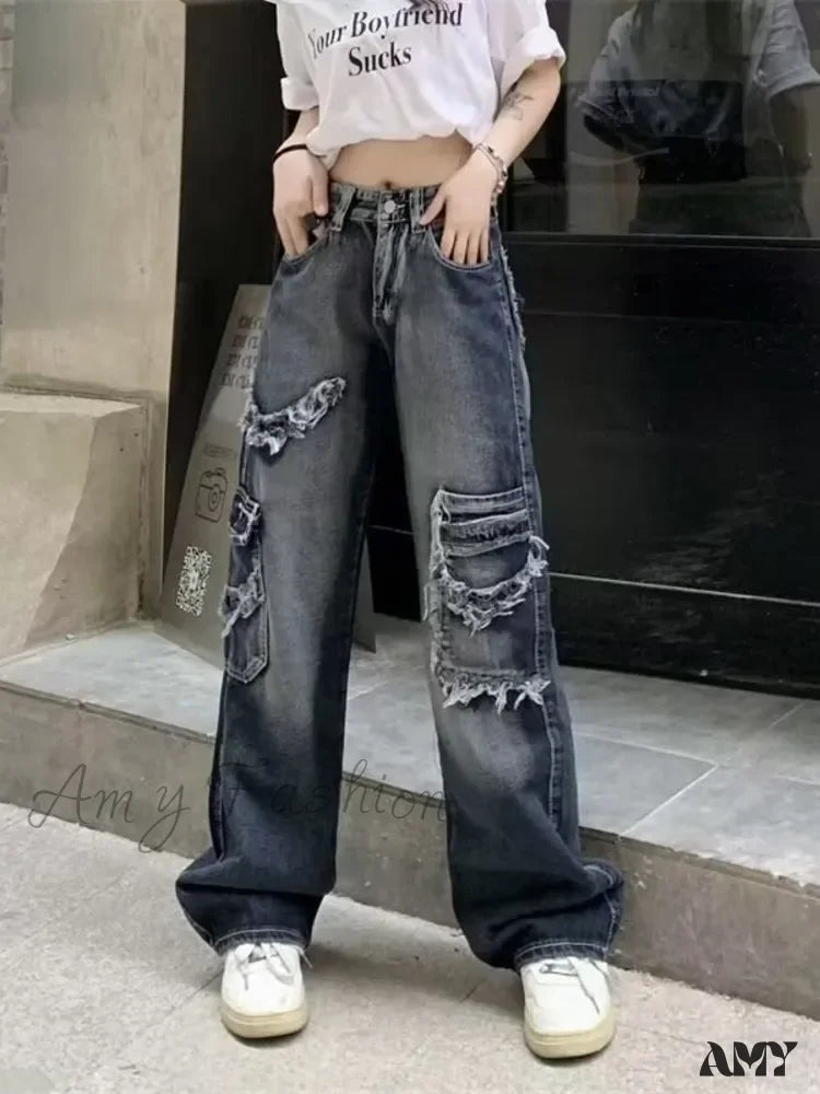 Amy Fashion - Summer Vintage Washed And Worn Out Versatile Straight Drop High Waist Wide Leg