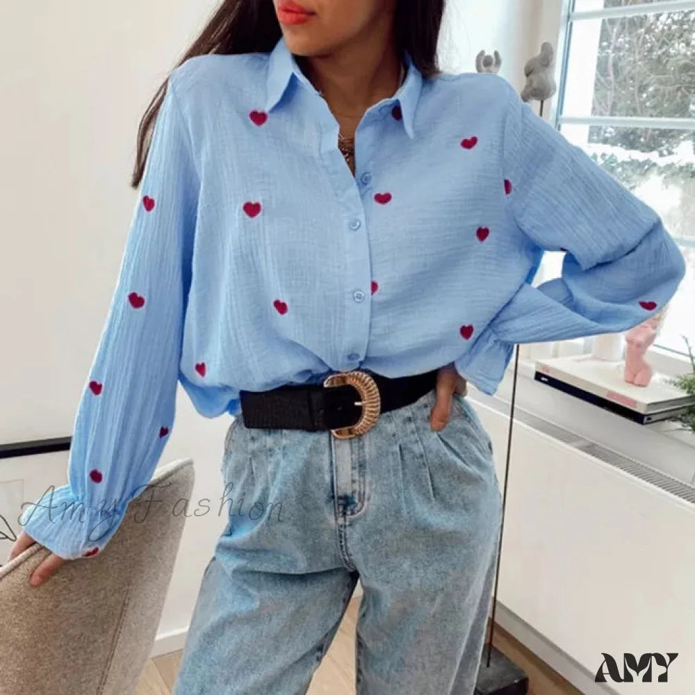 Amy Fashion - Turn Down Collar Heart Print Blouses Blue / S