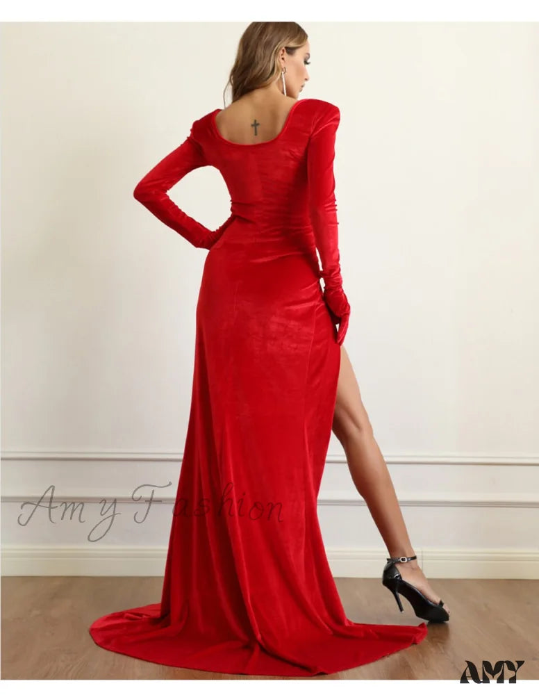 Amy Fashion - V-Neck Long Sleeves Velvet Criss-Cross Design Dress