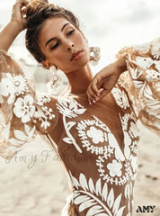 Amy Fashion - Sexy Sommerkleid im Boho-Stil mit V-Ausschnitt und langen Ärmeln