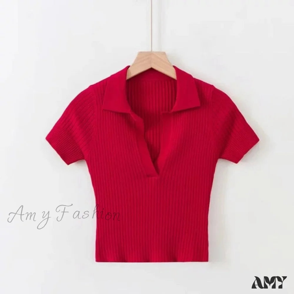Amy Fashion - Vintage Clothes Ribbed Solid T-Shirt Red / One Size