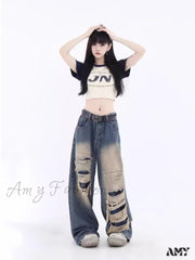 Amy Fashion - Vintage Distressed Washed Summer Loose Fitting Wide Leg Straight Tube Trendy Street