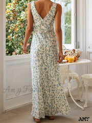 Amy Fashion - Vintage Women Sleeveless Deep V-Neck Ruched Backless Floral Print Summer Beach Female